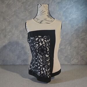 Worthington Black‎ and Cream Lace Trim Top